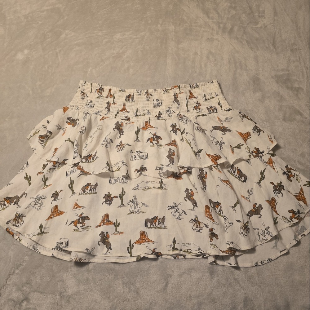 Ariat Skirt White Western Print Smocked Ruffle Tiered Miniskirt Rodeo Cowgirl - Picture 1 of 6